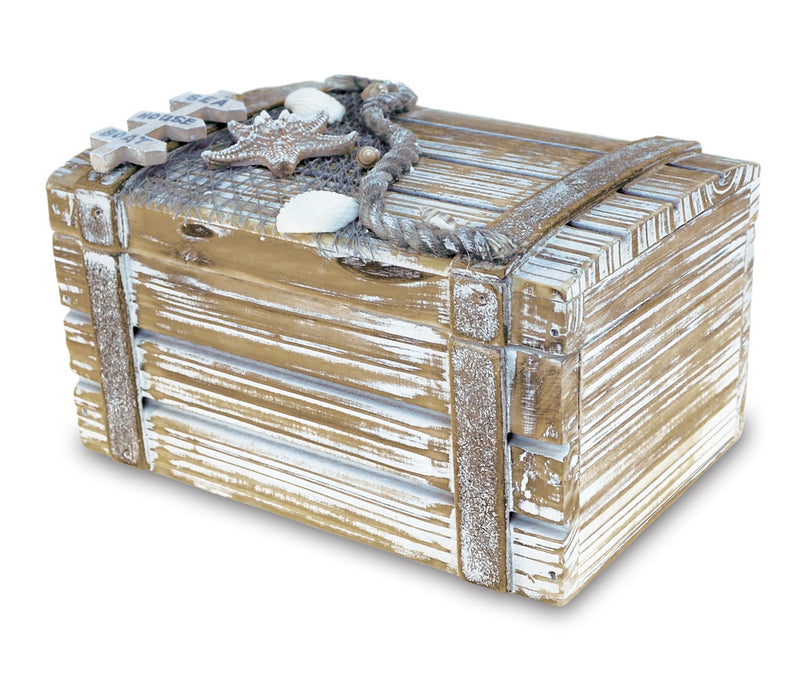 [Australia] - Puzzled Baja Medium Rustic Wood Nautical Jewelry Box, 6.75" x 3.75" Handcrafted Hinged Lid Starfish Seashell Decor Keepsake Desk Organizer or Gift Box for Rings & Trinkets - Beach Home Decor Stash 