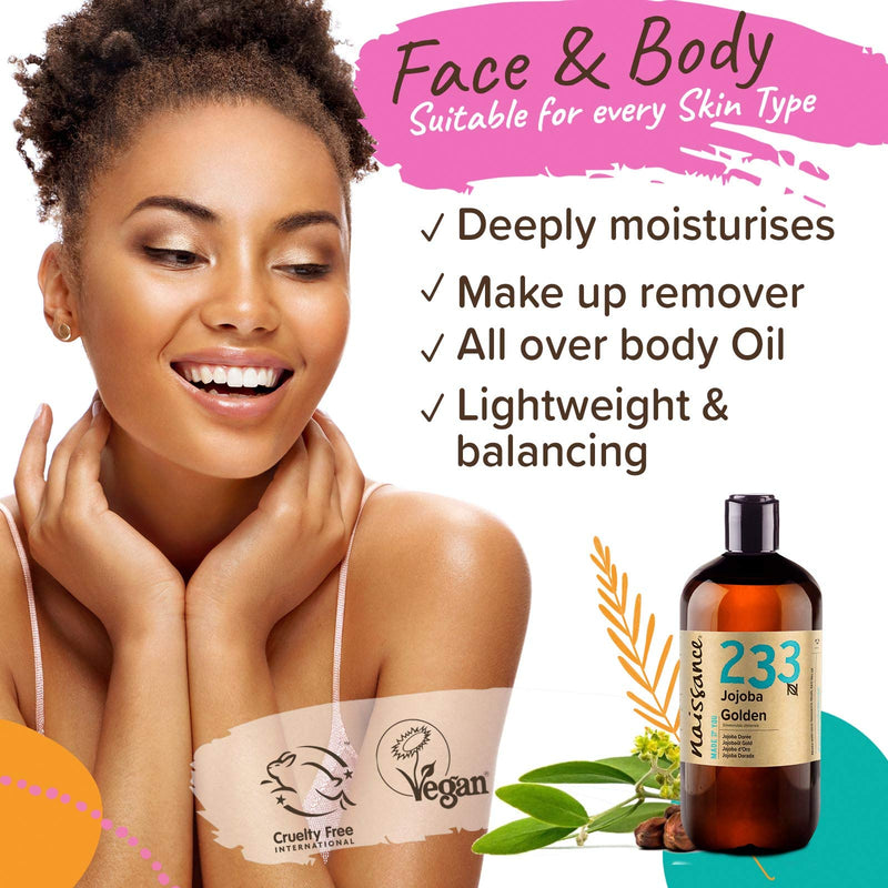 [Australia] - Naissance Cold Pressed Golden Jojoba Oil (no. 233) 500ml - Pure & Natural, Unrefined, Vegan, Hexane Free, No GMO - Ideal for Aromatherapy and as a Massage Base Oil 