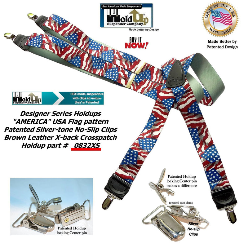 [Australia] - Holdup USA Flag Pattern Designer series X-back suspenders in 1 1/2" width and patented No-slip Silver-tone Clips 