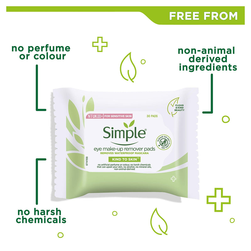 [Australia] - Simple Kind to Skin Eye Make-Up Remover With No Harsh Chemicals Pads to Remove Make-Up, Even Waterproof Mascara 30 Pieces 