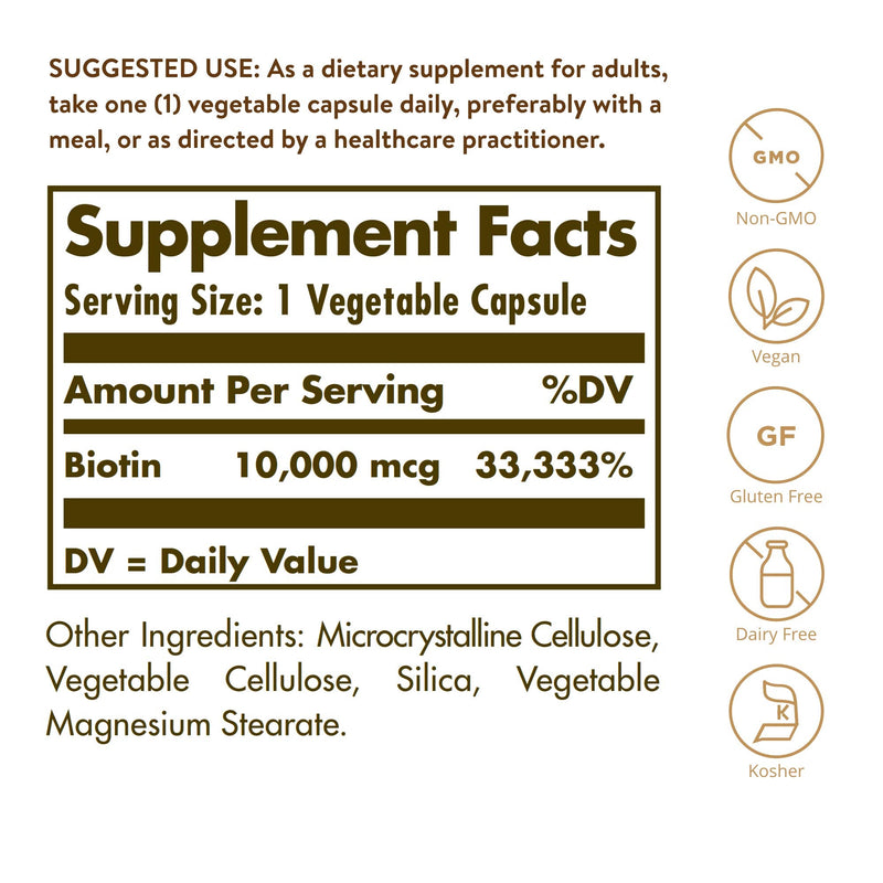 [Australia] - Solgar Biotin 10,000 mcg, 120 Vegetable Capsules - Energy, Metabolism, Promotes Healthy Skin, Nails & Hair - Super High Potency - Non-GMO, Vegan, Gluten Free, Dairy Free, Kosher - 120 Servings 120 Count (Pack of 1) 