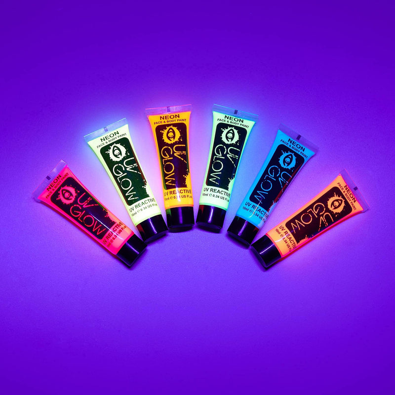 [Australia] - UV Glow Neon Face and Body Paint Set of 6 Tubes - Fluorescent - Brightest glow under UV! 