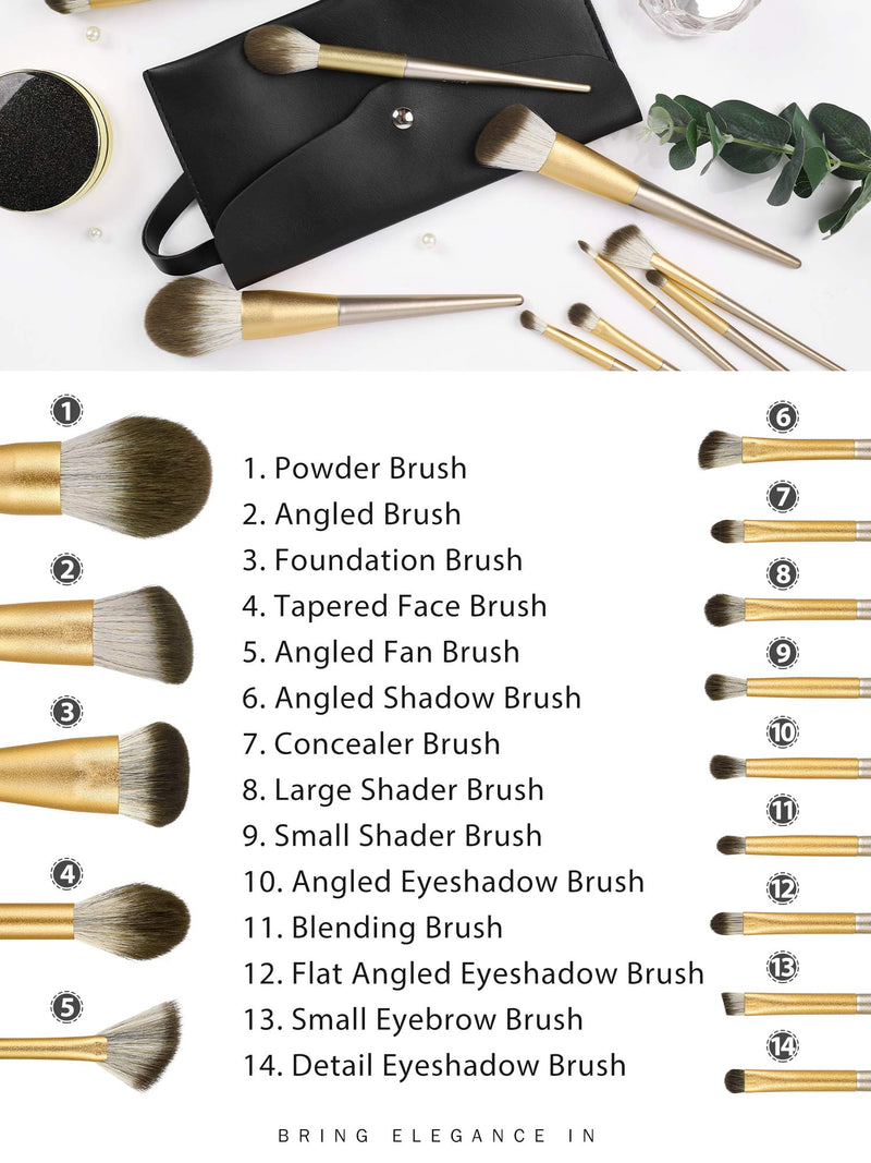 [Australia] - Syntus Makeup Brush Set, Conical Handle Makeup Brushes with Brush Case Bag and Makeup Sponges Premium Synthetic Foundation Powder Kabuki Blush Concealer Eye Shadow, Golden 