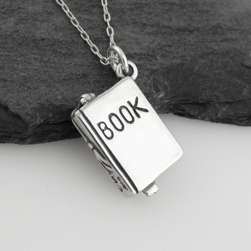 [Australia] - FashionJunkie4Life Sterling Silver Small 3D Book Charm Necklace, 18" Chain 