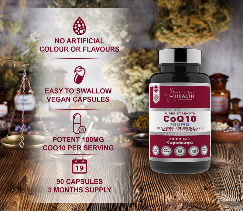 [Australia] - Ubiquinone Coenzyme Q10 100mg Softgel Capsules, 90 Super Strength Vegetarian Friendly Naturally Fermented High Absorption CoQ10 Capsules Made in The UK to GMP Standards – by The Intelligent Health 100 MG - 90 Capsules 