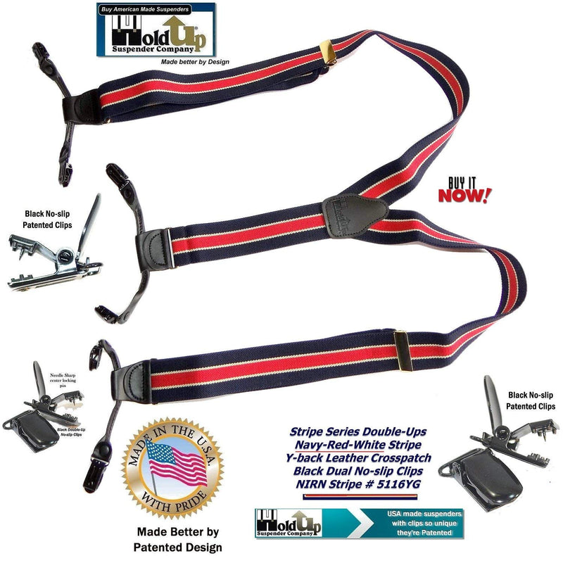 [Australia] - HoldUp American made Navy Blue with Red Striped Dual Clip Double-up Style Suspenders 