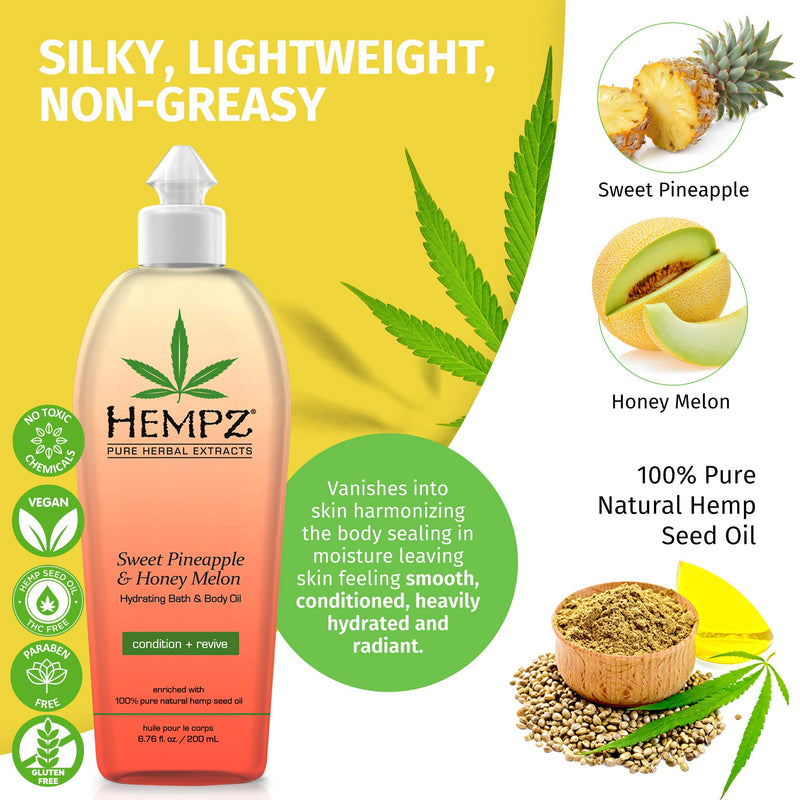 [Australia] - Hempz Hydrating Bath and Body Oil for Women, Sweet Pineapple & Honey Melon - Conditioning Body Moisturizer with Natural Hemp Seed Oil - Premium Body Oils, 6.76 fl. oz 