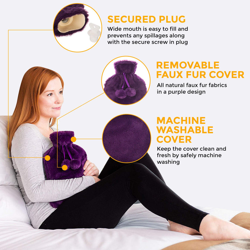 [Australia] - LIVIVO 2L Hot Water Bottle with Insulating Cover Featuring Decorative Pom-Poms - Keep Cosy and Warm (Purple) Purple 