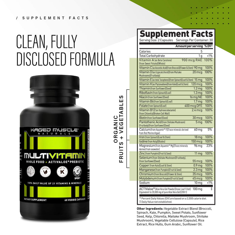 [Australia] - Whole Foods Multivitamin, Kaged Muscle Multivitamin Made with Organic Fruits & Veggies, Plant Based Vegan Multivitamin for Women and Men with Vitamin C, Vitamin D, Vitamin E, Vitamin B12, 60 Count 