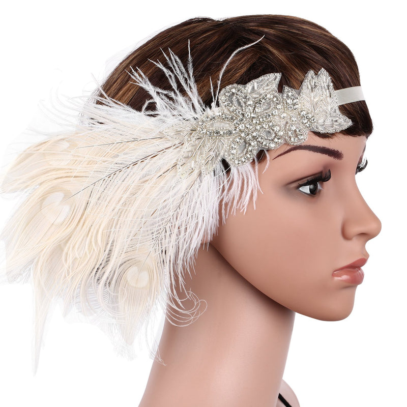 [Australia] - BABEYOND Women's Peacock Gatsby Party Wedding Headband with Ribbon Flapper Costumes Accessories Peacock Headband with Feather Apricot 