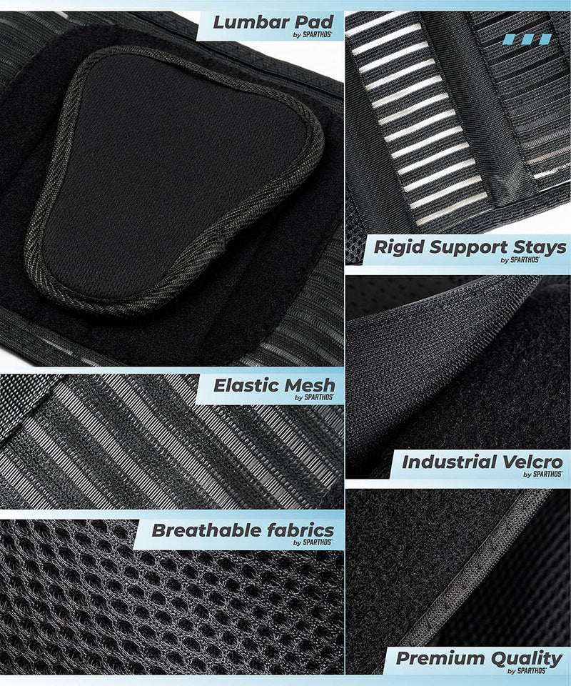 [Australia] - Back Brace by Sparthos - Immediate Relief from Back Pain, Herniated Disc, Sciatica, Scoliosis and more! - Breathable Mesh Design with Lumbar Pad- Adjustable Support Straps- Lower Back Belt- Size Large Large (Pack of 1) Black 