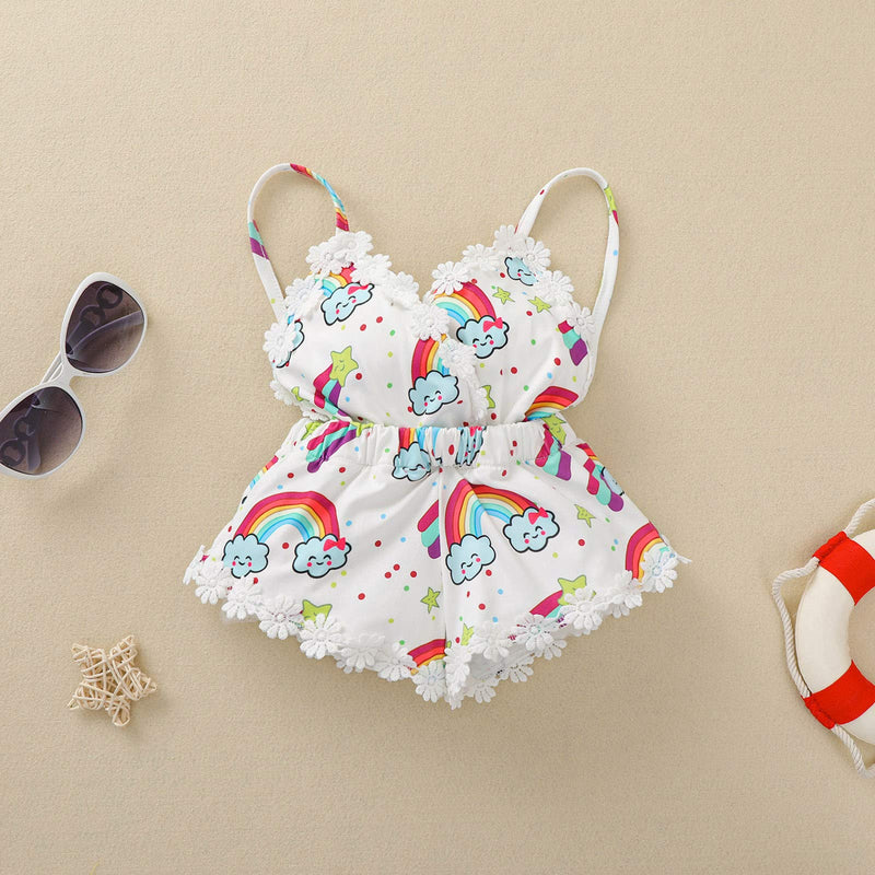 [Australia] - Toddler Baby Girl Sleeveless Straps Jumpsuit Linen Romper Shorts Playsuit Sunflower Outfit Cute Summer Clothes White-rainbow 0-6 Months 