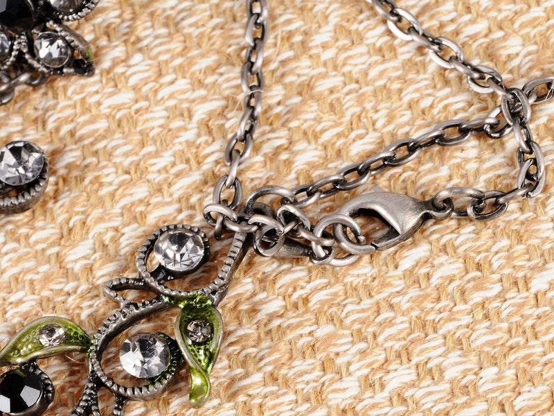 [Australia] - Alilang Gunmetal Tone Clear Balck Crystal Rhinestones Green Enamel Butterfly Flower Necklace Earrings Set 