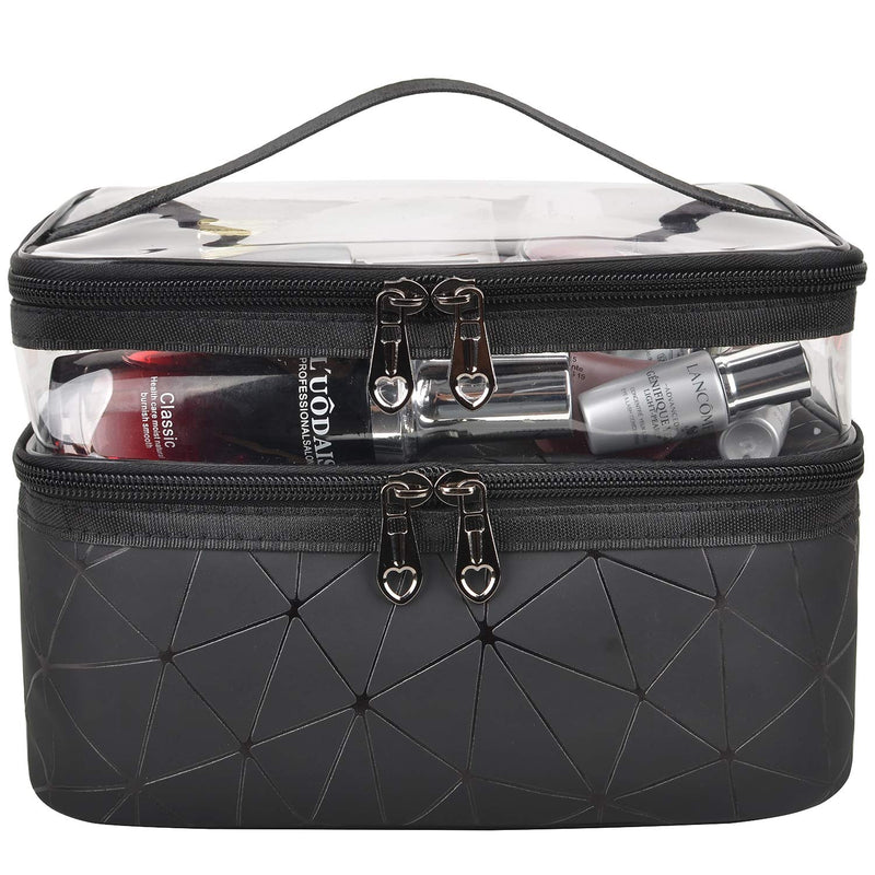 [Australia] - MKPCW Makeup Bags Double Layer Travel Cosmetic Cases Make up Organizer Toiletry Bags (Black) Black 