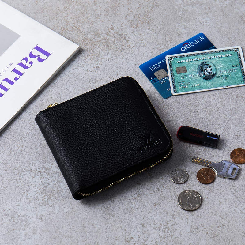 [Australia] - YBONNE Zip-around Wallet for Men and Women, Made of Finest Genuine Leather (Black) Black 