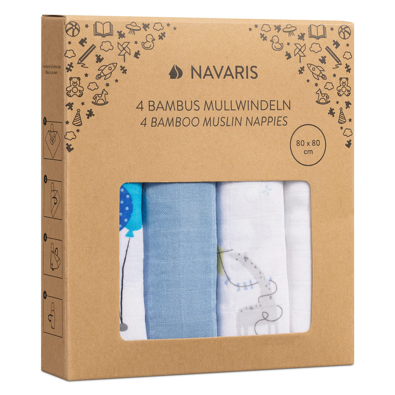 [Australia] - Navaris Muslin Cloths for Baby (Pack of 4) - 80 x 80 cm Squares for Burping, Blanket, Cot - Super Soft Bamboo and Cotton Animals 