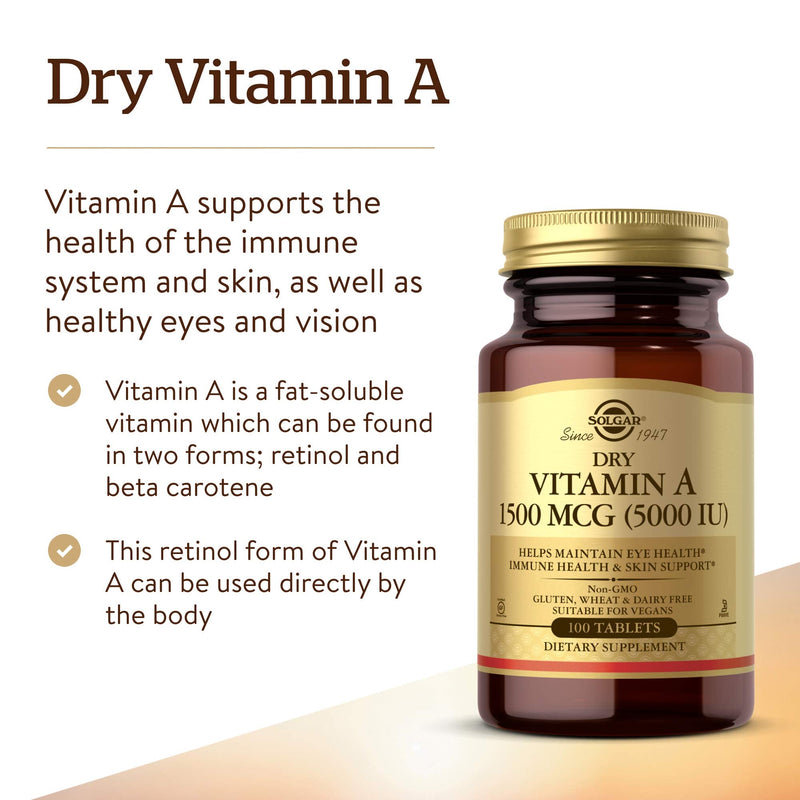 [Australia] - Solgar Dry Vitamin A 1500 mcg (5000 IU), 100 Tablets - Supports Healthy Eyes, Skin & Immune System - Non-GMO, Vegan, Gluten Free, Dairy Free, Kosher - 100 Servings 