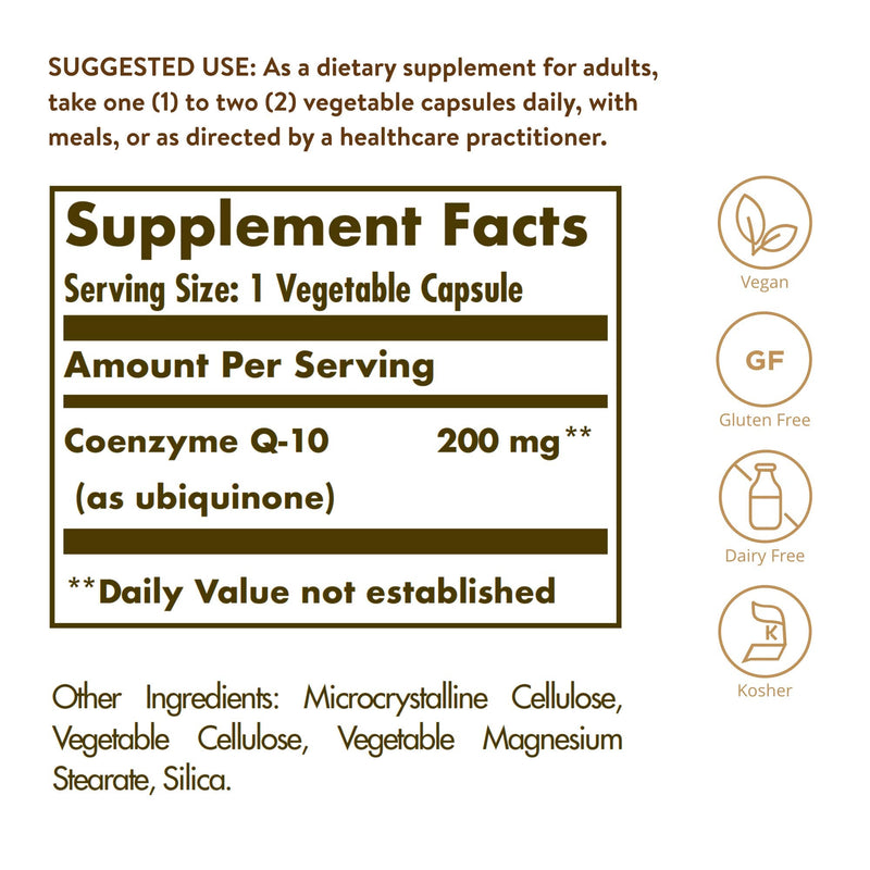 [Australia] - Solgar Vegetarian CoQ-10 200 mg, 60 Vegetable Capsules - Heart Healthy, Protective Antioxidant - Coenzyme Q10 (CoQ-10) Supplement - Vegan, Gluten Free, Dairy Free, Kosher - 60 Servings Standard Packaging 