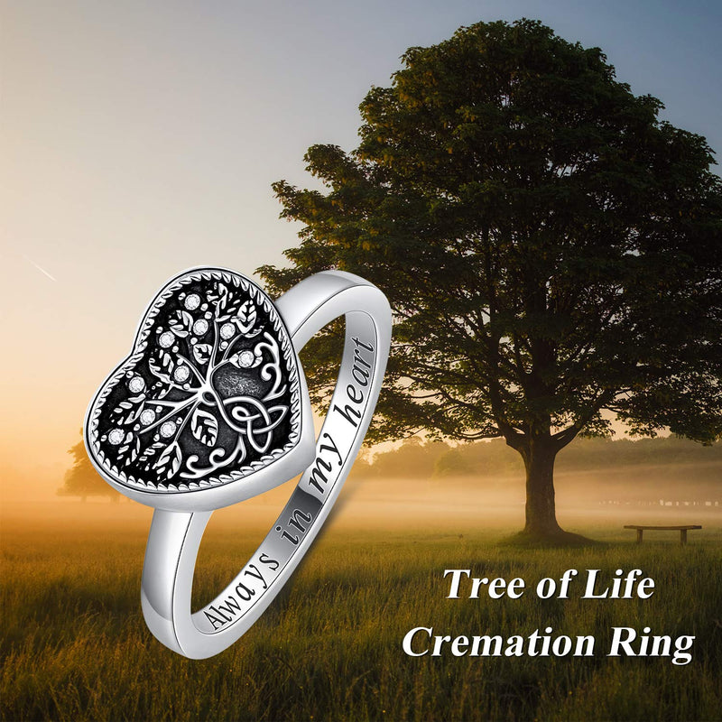 [Australia] - AOBOCO 925 Sterling Silver Heart Celtic Tree of Life Cremation Urn Ring Holds Loved Ones Ashes, Always in My Heart Urn Ring for Ashes for Women, Memorial Keepsake Jewelry Embellished with Crystals from Austria 7 