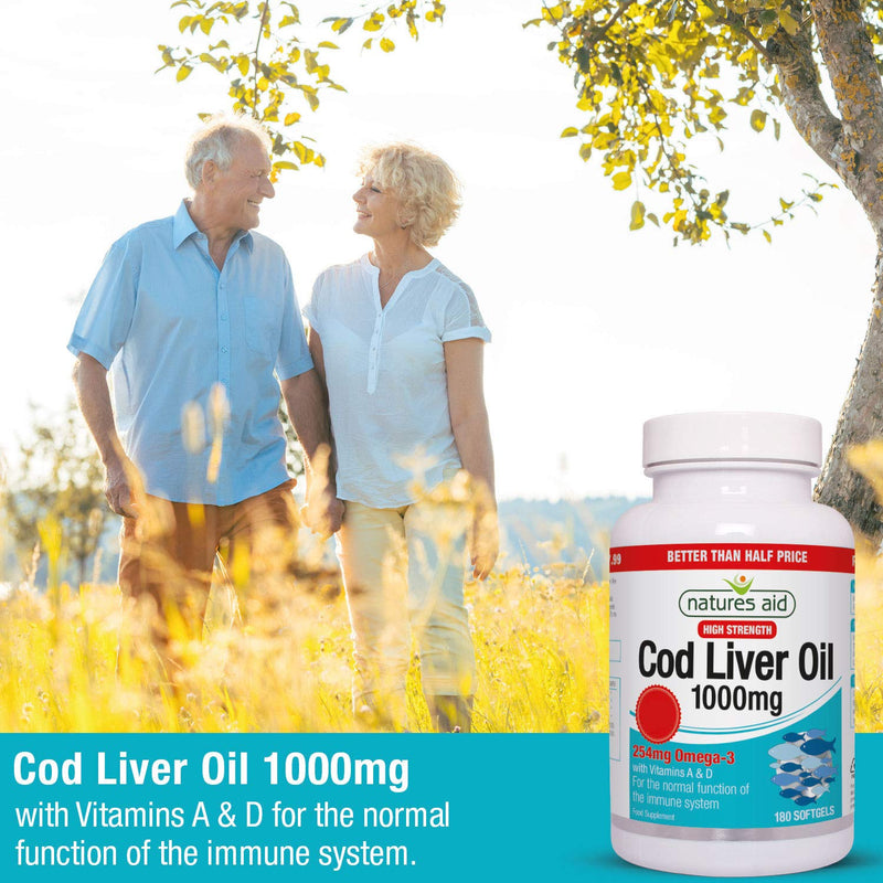 [Australia] - Natures Aid Cod Liver Oil, 1000 mg, 180 Softgel Capsules (High Strength, 254 mg Omega-3 with Vitamins A and D for Normal Function of the Immune System, Made in the UK) 