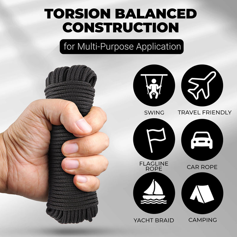 [Australia] - 50 ft. Nylon Braided Polypropylene Flag Pole Rope, 1/4 All Purpose Clothesline Camping Utility Moving Rope, Excellent Shock Absorption, Good for Tie, Pull, Swing, Pool & Knot, Black - by Ram-Pro 50 ft 1 - Pack 