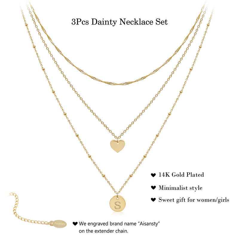 [Australia] - Dainty Layered Initial Choker Necklaces Handmade 14K Gold Plated Personalized Letter Name Disc Heart Pendant Adjustable Layering Gold Chain Necklaces for Women Girls Gift Jewelry S 