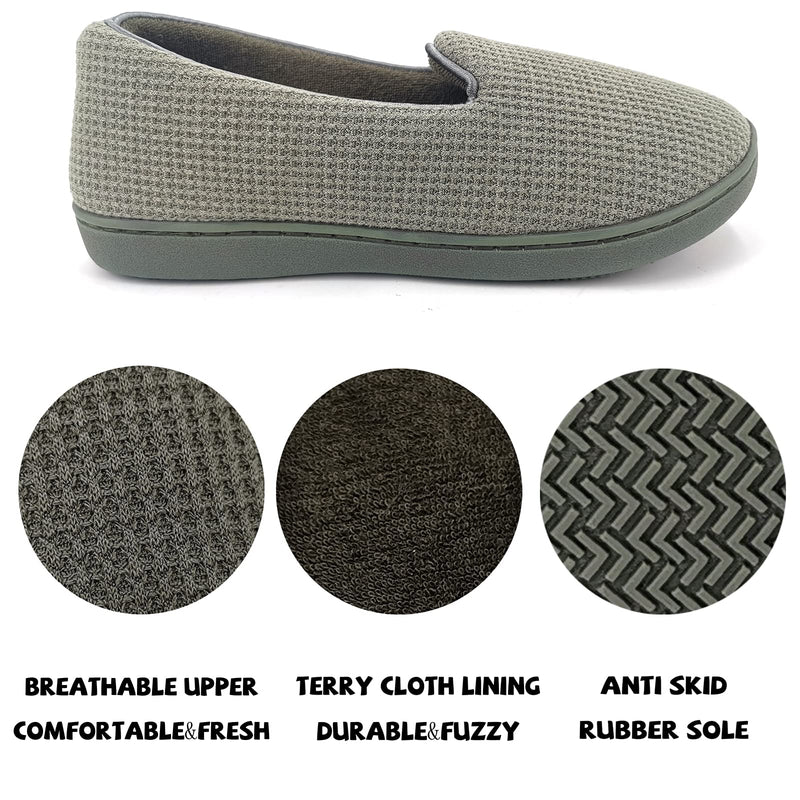 [Australia] - ofoot Womens Memory Foam Knit Cotton Waffle House Slippers with Back Indoor Slip On Shoes Lightweight Washable Terry Cloth Lining Non Slip Rubber Soles 5.5/6 UK Green 