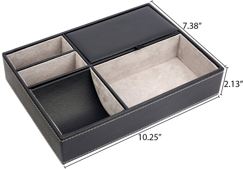 [Australia] - Mantello Leather Desktop Storage Organizer, Multi Catchall Tray, Valet Tray, Nightstand or Dresser Organizer - 5 Compartment Wallet, Phone, Keys, Jewelry, Money, Accessories - Anti-Scratch Felt Bottom 