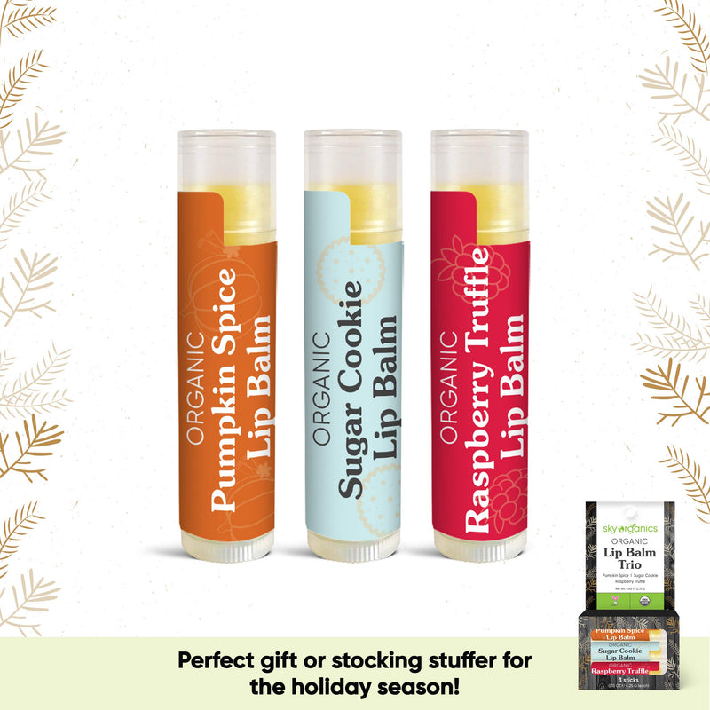 [Australia] - USDA Organic Lip Balm Trio by Sky Organics (3 Sticks) Winter Flavors Moisturizing Lip Balm Gift Set Pumpkin Spice, Sugar Cookie, Raspberry Truffle Limited Edition Cruelty-free Made In USA 