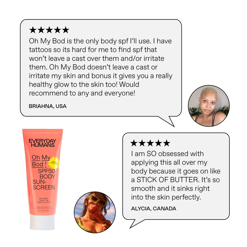 [Australia] - Everyday Humans Oh My Bod! SPF50 Body Sunscreen | Dry Touch Body Sunscreen with Hyaluronic Acid | Lightweight, No White Cast, Water Resistant for Sports, Cruelty Free | 3.4 oz 