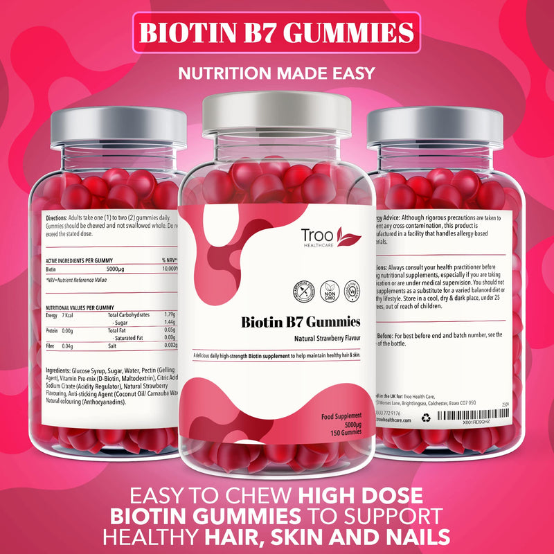 [Australia] - Biotin 5000mcg Hair, Skin and Nail Growth Support Gummy Supplement - 150 Natural Strawberry Flavour Chewable Gummies - 5 Months Supply � Vegan Friendly � For Men and Women 