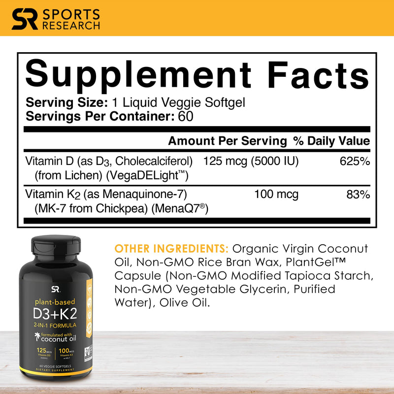 [Australia] - Sports Research Vegan Vitamin D3 + K2 Supplement with Organic Coconut Oil - 5000iu Vitamin D with 100mcg Mk7 Vitamin K - Supports Calcium for Stronger Bones & Immune Health - 60 Softgels for Adults D3 + K2 (5,000 IU) 60 Count (Pack of 1) 