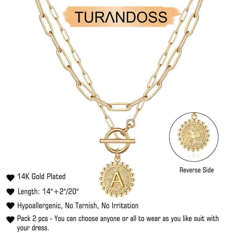 [Australia] - Turandoss Gold Layered Initial Necklaces for Women, 14K Gold Plated Dainty Layering Paperclip Link Chain Necklace Personalized Toggle Coin Initial Pendant Layered Necklaces for Women Gold Jewelry A 