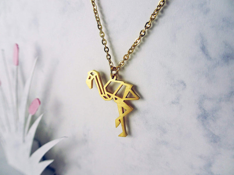 [Australia] - La Menagerie Flamingo Gold Origami Jewelry & Gold Geometric Necklace – 18 Karat Plated Gold Necklace & Flamingo Necklaces for Women – Flamingo Necklace for Girls & Origami Necklace 