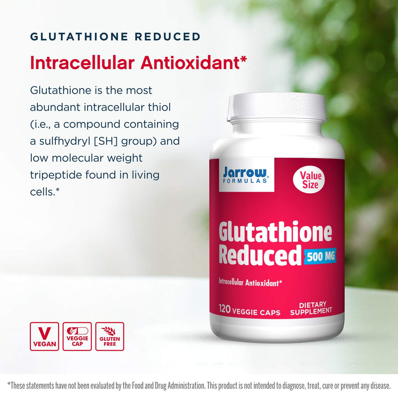 [Australia] - Jarrow Formulas Glutathione Reduced 500 mg - 120 Veggie Caps - Pharmaceutical Grade Glutathione - Intracellular Antioxidant - Bolsters Regeneration of Vitamin C & E Levels in Body - 120 Servings 120 Count (Pack of 1) 