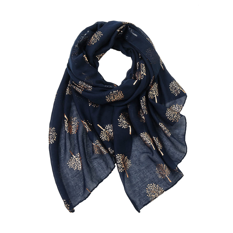 [Australia] - KAVINGKALY Ladies Scarf Silver Foil Mulberry Tree Print Long Scarf Rose gold-Navy 