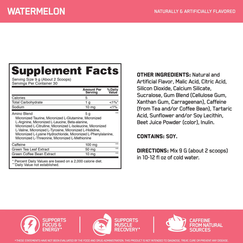 [Australia] - Optimum Nutrition Amino Energy - Pre Workout with Green Tea, BCAA, Amino Acids, Keto Friendly, Green Coffee Extract, Energy Powder - Watermelon, 30 Servings 30 Servings (Pack of 1) 