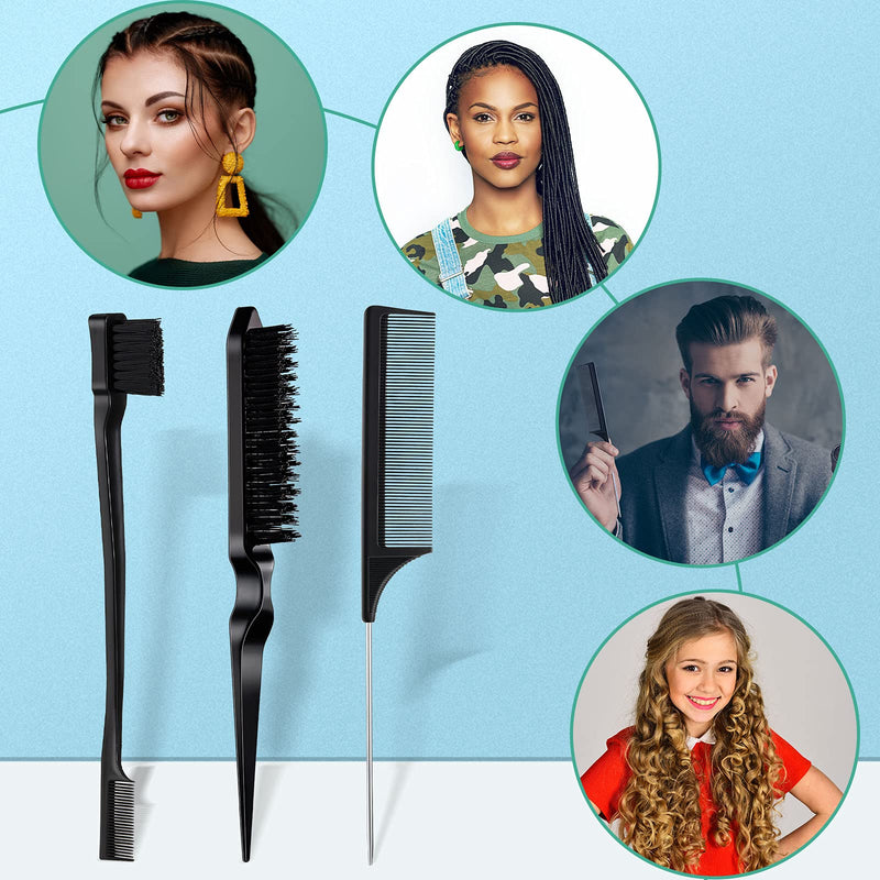 [Australia] - 3 Pcs Slick Back Hair Brush Set Bristle Hair Brush Edge Control Brush Teasing Comb Rat Tail Comb for Women Baby Kids' Black Hair (Black) 