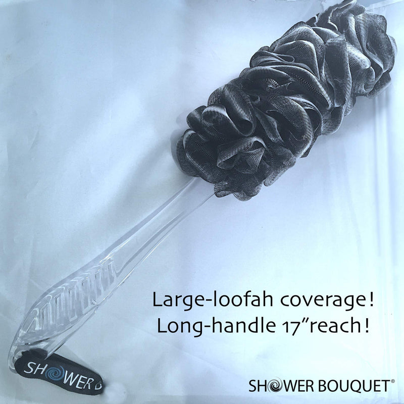 [Australia] - Loofah-Charcoal Back-Scrubber & Bath-Sponges by Shower Bouquet: 1 Long-Handle-Back-Brush plus 2 Extra Large 75g Soft Mesh Poufs, Men & Women - Exfoliate with Full Pure Cleanse in Bathing Accessories 