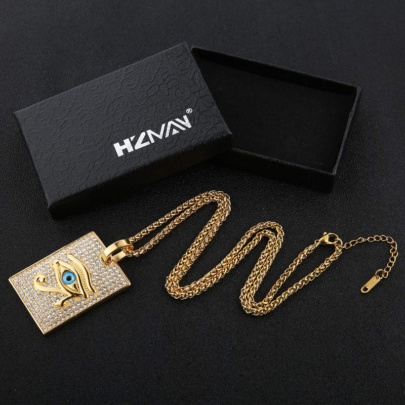 [Australia] - HZMAN 18k Gold Plated Iced Out Eye of Horus Egypt Protection Cross Dog Tag Pendant Stainless steel Necklace Dog Tag - Blue 