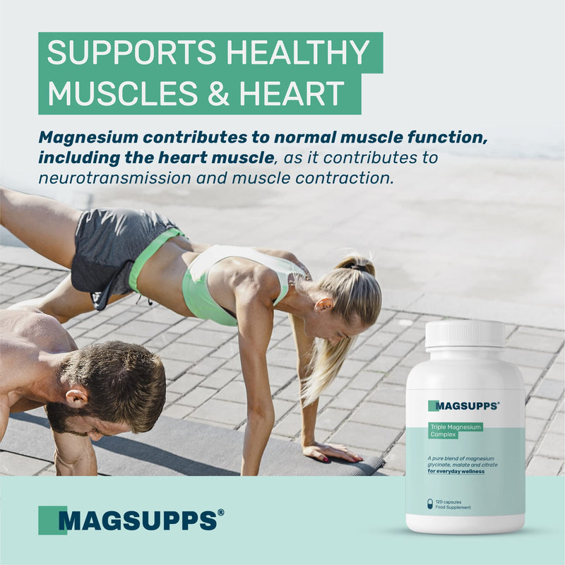 [Australia] - MAGSUPPS Triple Magnesium Complex - 300mg of Pure Magnesium Glycinate, Malate, & Citrate for Muscles, Sleep, Calm, & Energy - 40 Servings - 120 Capsules - UK Made - No Fillers 