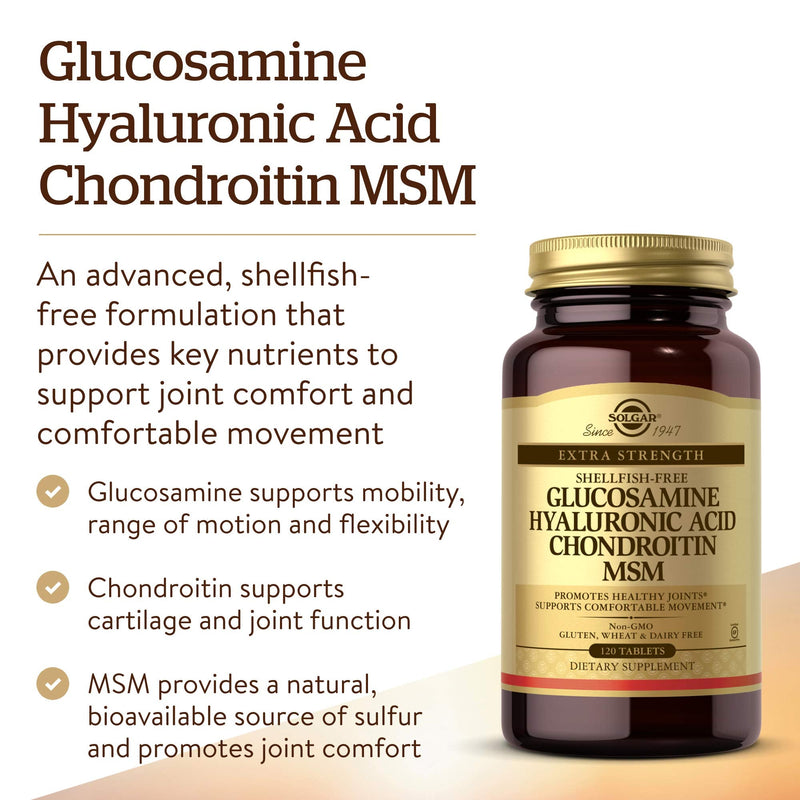 [Australia] - Solgar Glucosamine Hyaluronic Acid Chondroitin MSM, 120 Tablets - Supports Healthy Joints - Supports Range of Motion & Flexibility - Extra Strength, Shellfish Free - Non-GMO, Gluten Free - 40 Servings 120 Count (Pack of 1) 