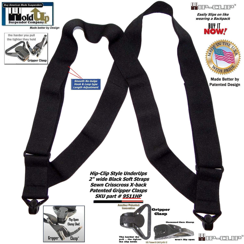 [Australia] - USA Made Holdup Brand Black 2" Hip-clip Style No-Buzz Suspenders Patented Gripper Clasps 