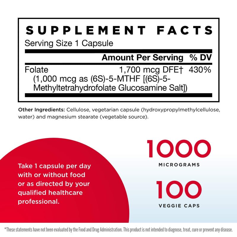 [Australia] - Jarrow Formulas Methyl Folate 1000 mcg - 100 Veggie Caps - Highly Biologically Active Form of Folate - 4th Generation Folic Acid Technology - 100 Servings 100 Count (Pack of 1) 