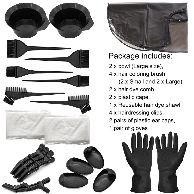 [Australia] - Beayuer 21 Pieces Hair Dye Tools, DIY Salon Hair Coloring Bleaching Tools Set including Hair Tinting Bowl, Dye Brush, Ear Cover, Hair Highlighting Cape, Shawl, Gloves, Hair Clip Kits (21 Pcs, Black) 21 Count (Pack of 1) 