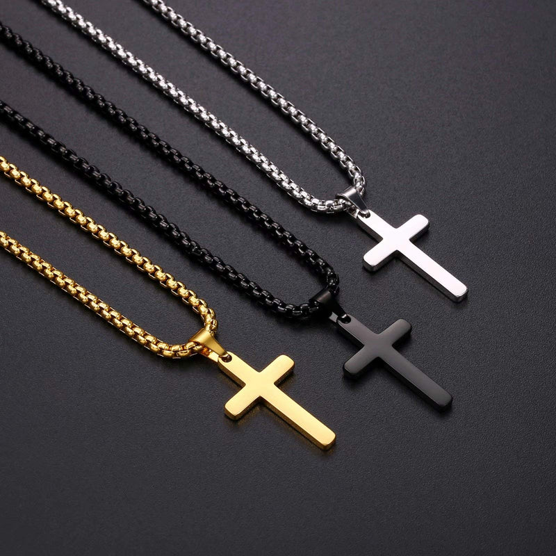 [Australia] - Ursteel Cross Necklace for Men, Stainless Steel Silver Black Gold Layered Rope Chain Cross Pendant Necklace Simple Jewelry Gifts Chain Necklace for Men, 16-26 Inches Box Chain Black:16+2/18+2 