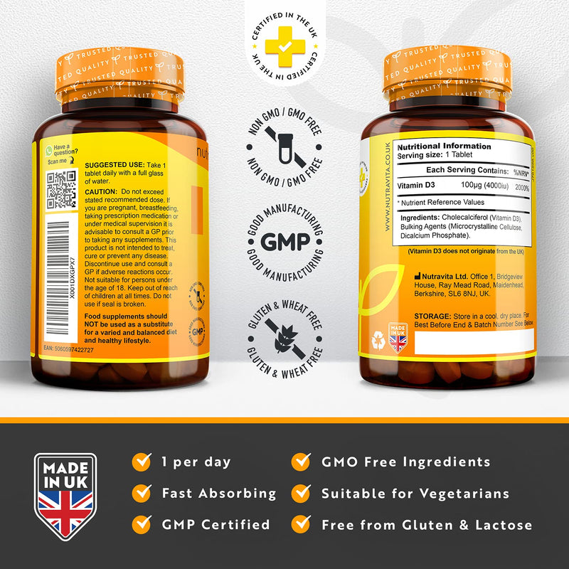 [Australia] - Vitamin D 4000 IU - 500 Micro Tablets - Max Strength - 16 Month Supply - Hight Strength Vegetarian VIT D3 - Vitamin D3 Supports Your Immune System & Bone Health - Made in The UK by Nutravita 