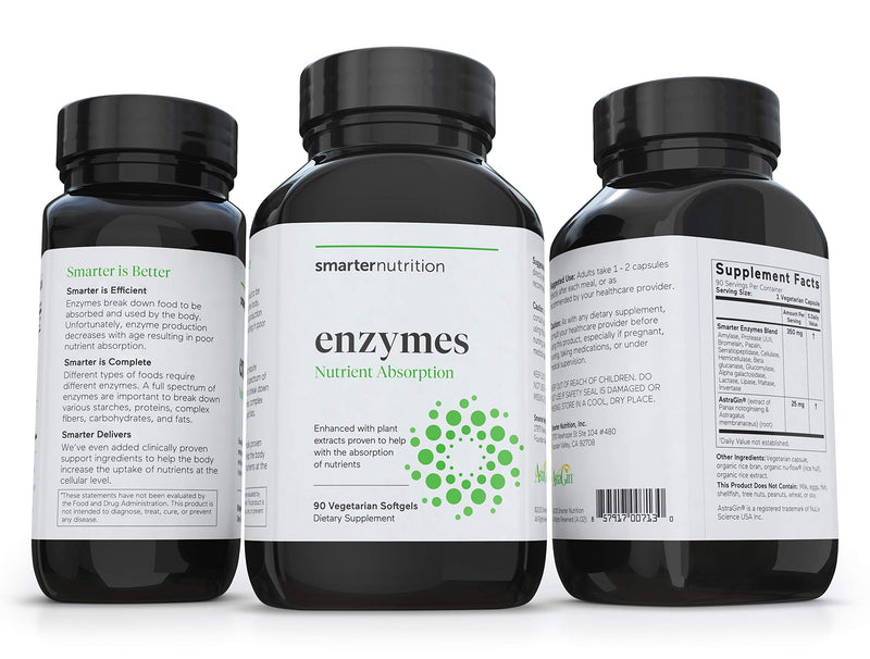[Australia] - Smarter Nutrition Enzymes - Daily Digestive Aids with 16 Different Natural Enzymes, Nutrient Absorption Aid w Bromelain, Papain, Lactase, AstraGin (1-Month Supply - 90 Capsules) 90 Count (Pack of 1) 