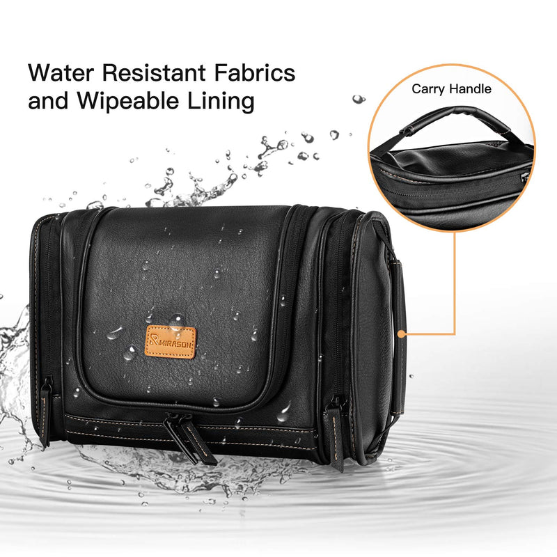 [Australia] - MIRASON Hanging Toiletry Bag for Men Dopp Kit Waterproof Leather Travel Organizer with Sturdy Metal Hook and Handle for Bathroom Shower Cosmetics Camping Brushes Shaving (Black) Black 