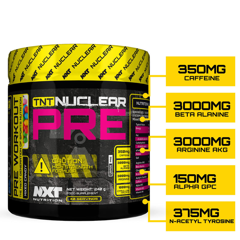 [Australia] - NXT Nutrition TNT Nuclear Pre Workout – Pre Work out Energy Drink with L-Citrulline, Beta Alanine, Arginine , 350mg Caffeine for Insane Energy, Pump, Endurance & Focus - 40 servings Mixed Candy, Vegan 